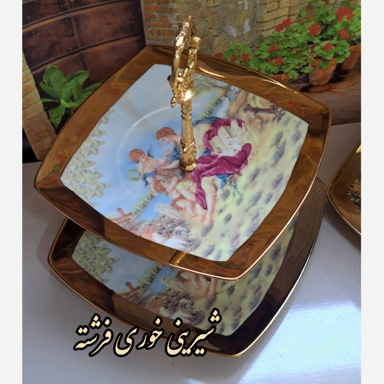استند شیرینی خوری دو طبقه چینی طرح آنجل کادویی و پذیرایی مدل گرد و مربعی فرشته طلاکوب ست ویترین موجود ارسال پسکرایه