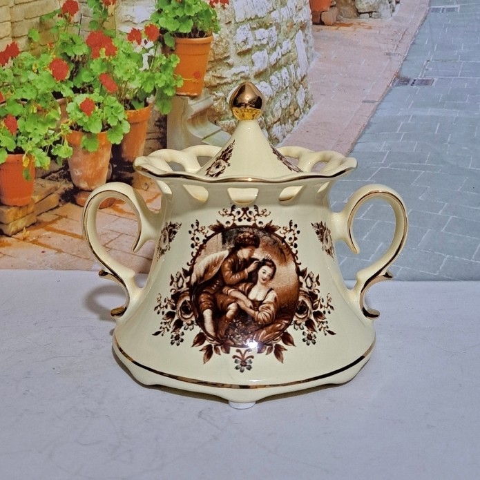 قندان جفت طرح لیلی مجنون قهوه ای دسته دار طلاکوب