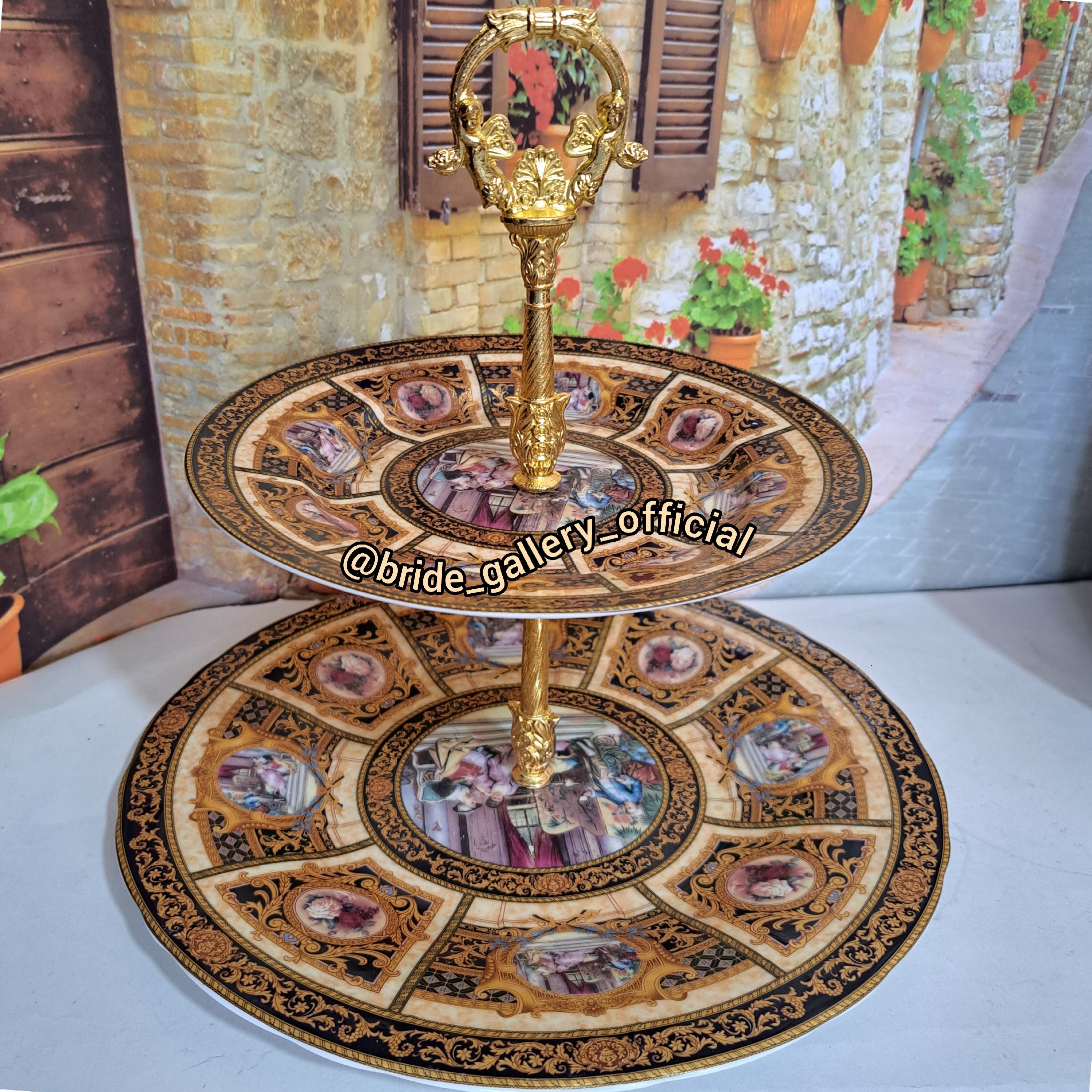 شیرینی خوری شکلات خوری دو طبقه البومی طرح کرمی مشکی چینی وارداتی ست پذیرایی موجودکادویی و جهاز ارسال