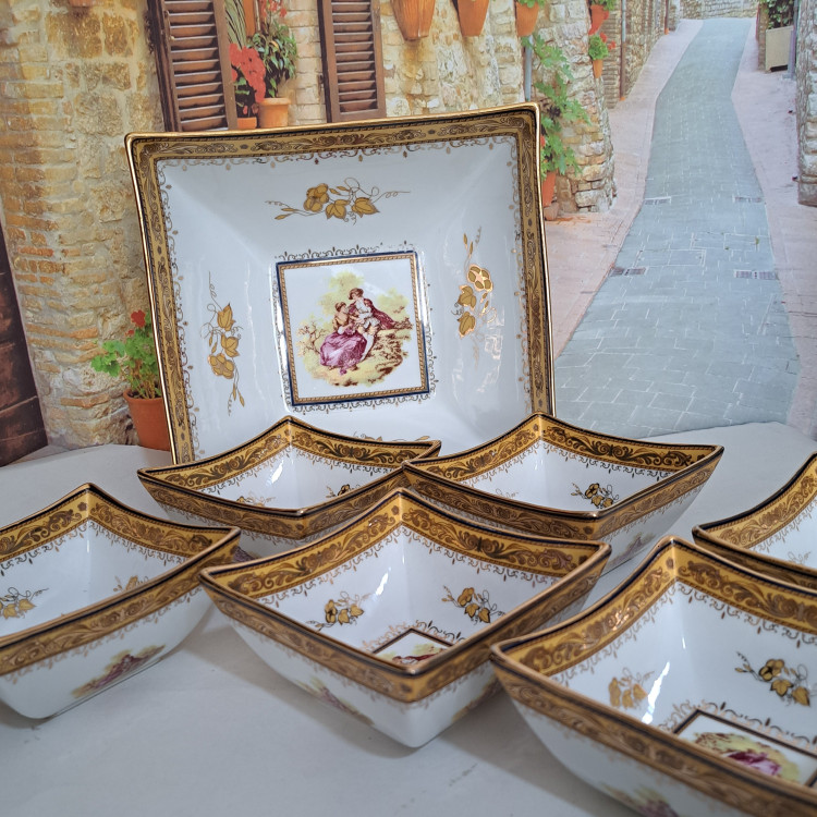 سرویس 7پارچه دنسی خارجی اصل طلاکوب و شاینی یک کاسه آجیل با 6 پیاله مدل مربعی ارسال پسکرایه