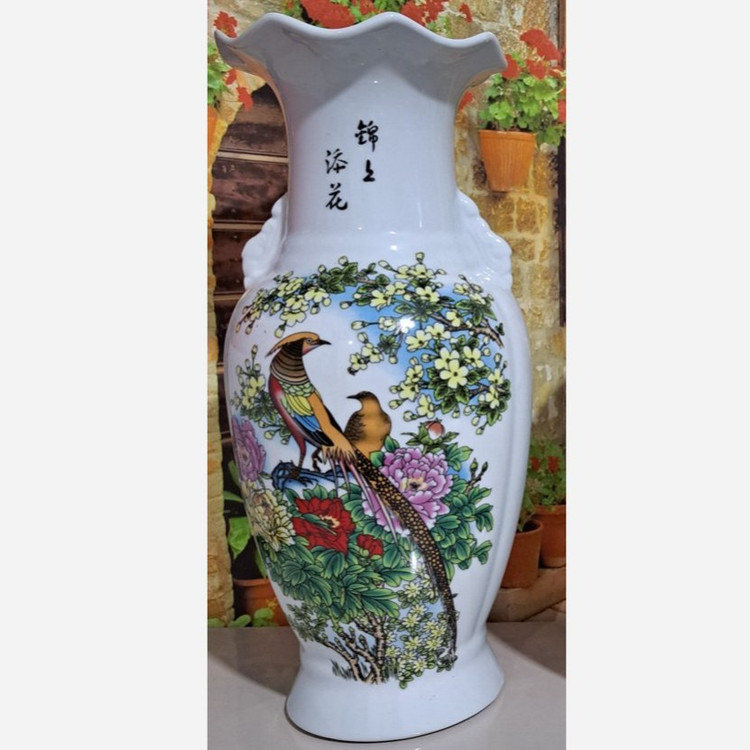 گلدان چینی انتیک و خاص سری کم یاب چینی طرح گل و پرنده رنگی سی و پنج سانتی ارسال پسکرایه