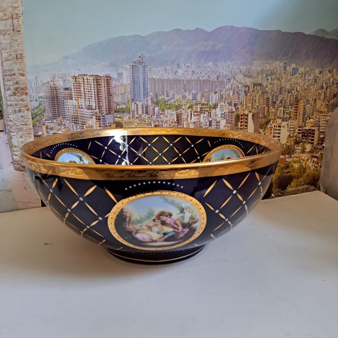 کاسه سورمه ای بزرگ طرح لیلی مجنون طلاکوب