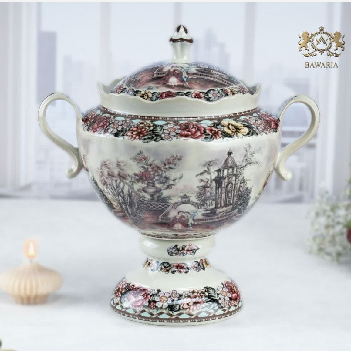 شکلاتخوری درب دار  پایه دار چینی مدل کلاسیک گاردن